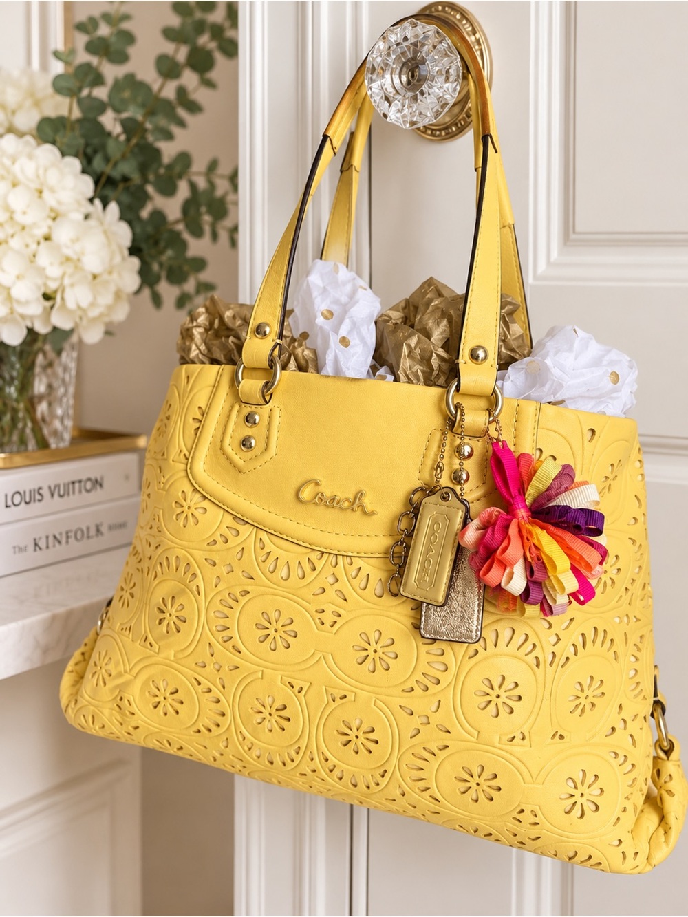 GORGEOUS Coach F21938 Yellow Perforated Leather Carryall + 3 Charms